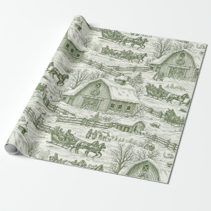 Green Toile Vintage Christmas Village Pattern (4) Wrapping Paper
