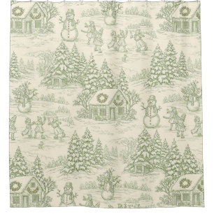 Green Toile Vintage Christmas Village Pattern (5) Shower Curtain
