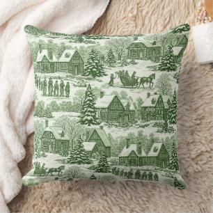 Green Toile Vintage Christmas Village Pattern Cushion