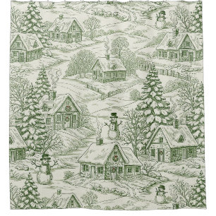 Green Toile Vintage Christmas Village Pattern Shower Curtain