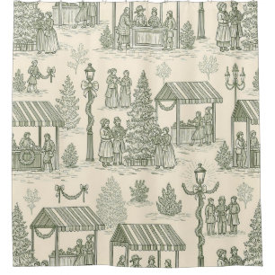 Green Toile Vintage Christmas Village Scene (2) Shower Curtain