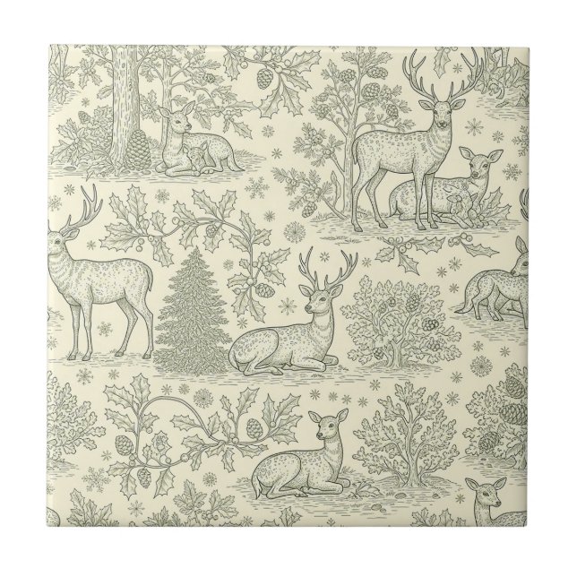 Green Toile Woodland Deer Christmas Pattern (2) Tile (Front)