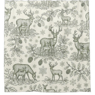 Green Toile Woodland Deer Christmas Pattern (3) Shower Curtain