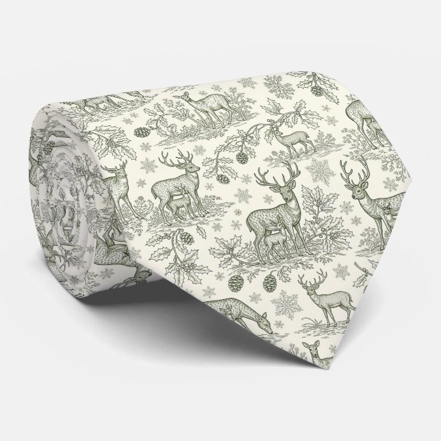 Green Toile Woodland Deer Christmas Pattern (3) Tie (Rolled)