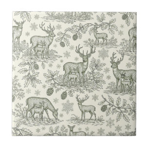 Green Toile Woodland Deer Christmas Pattern (3) Tile