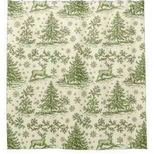 Green Toile Woodland Deer Christmas Pattern (4) Shower Curtain