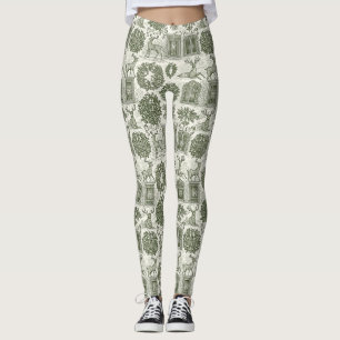 Green Toile Woodland Deer Christmas Pattern Leggings