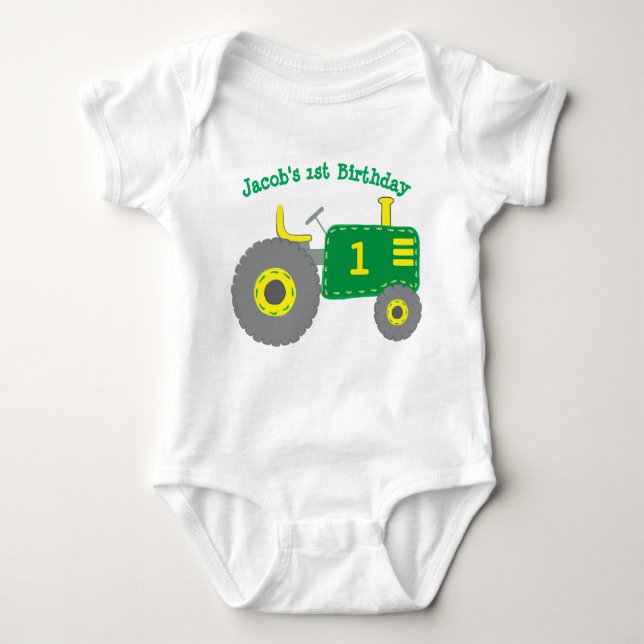 Green Tractor 1st Birthday Baby Bodysuit (Front)