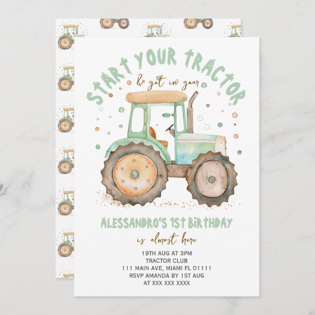 Green Tractor 1st Birthday Invitation (Front/Back)