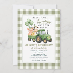 Green Tractor 1st Birthday Invitation