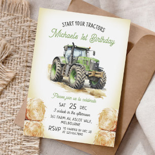 Green Tractor 1st Birthday Party  Invitation