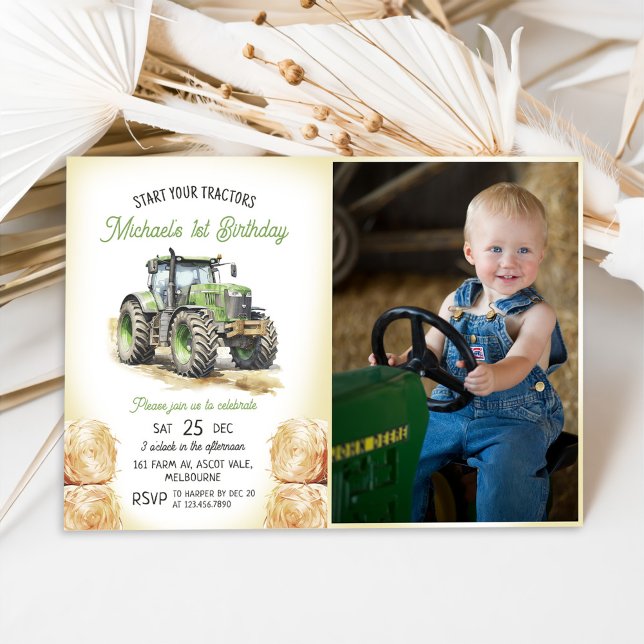 Green Tractor 1st Birthday Party Photo Invitation (Creator Uploaded)
