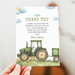 Green Tractor 1st Birthday Party Thank You Card