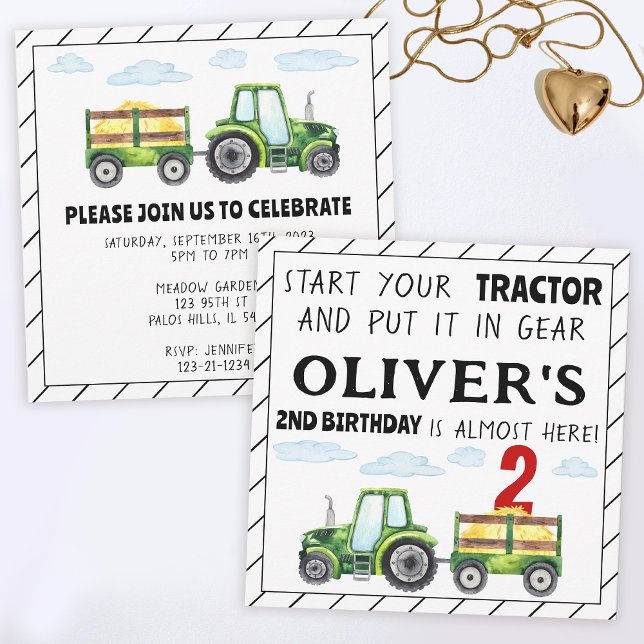 Green tractor 2nd birthday boy invitation card (Creator Uploaded)