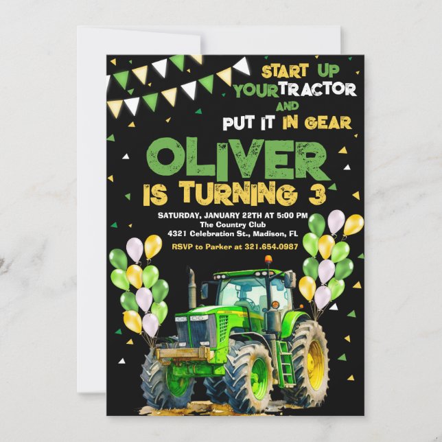 Green Tractor 3rd Birthday Party Invitation (Front)