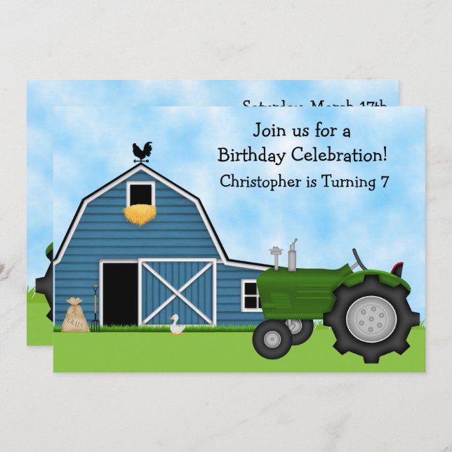 Green Tractor and Blue Barn Boys Birthday Invite (Front/Back)