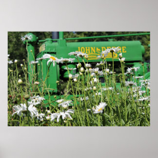 Green Tractor and Flowers Poster