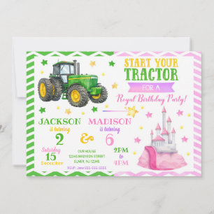 Green Tractor and Princess Joint Birthday Invitation