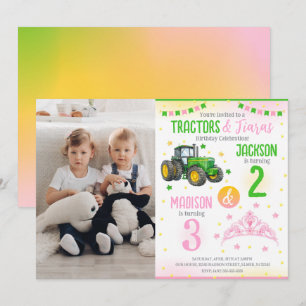 Green Tractor and Princess Siblings Joint Birthday Invitation
