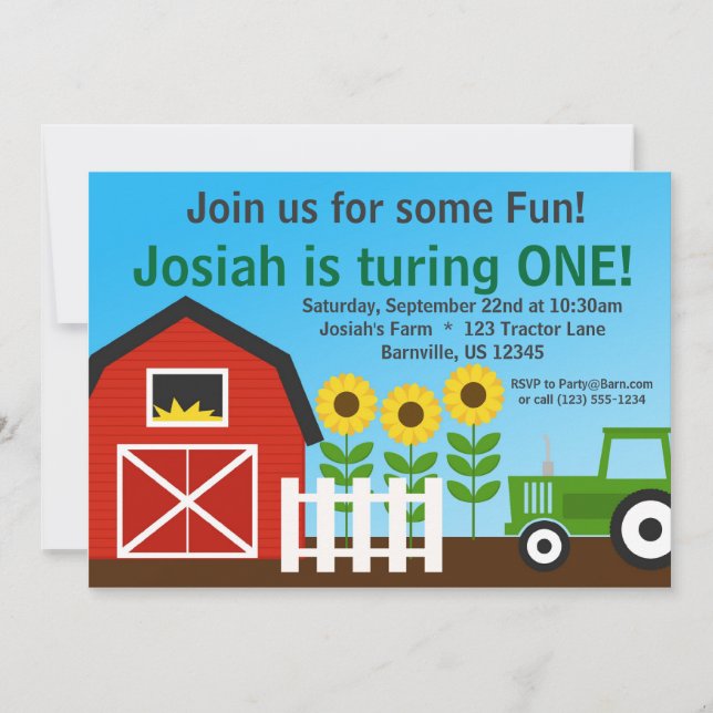 Green Tractor and Red Barn Birthday Party Invite (Front)