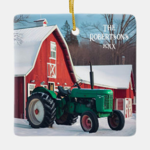  Green Tractor and Red Barn Ceramic Ornament