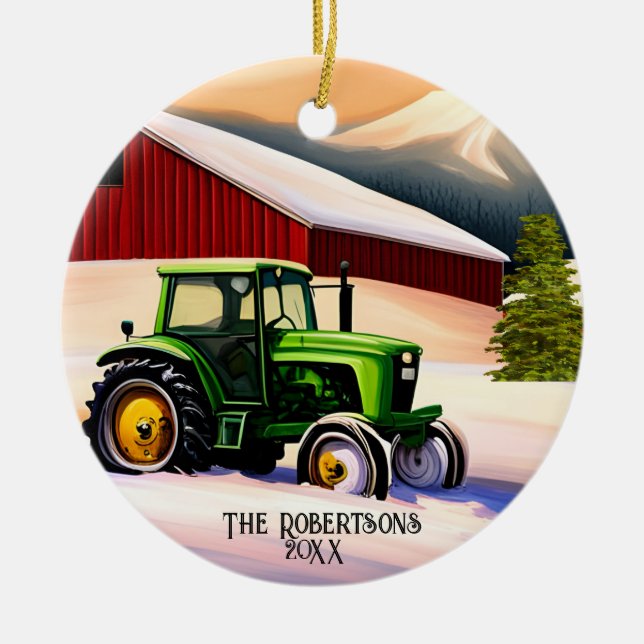  Green Tractor and Red Barn Ceramic Tree Decoration (Front)