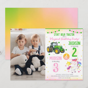 Green Tractor and Unicorn Siblings Joint Birthday Invitation