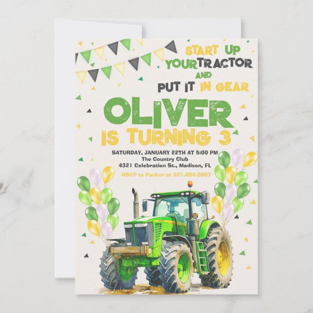 Green Tractor Birthday Party Invitation (Front)