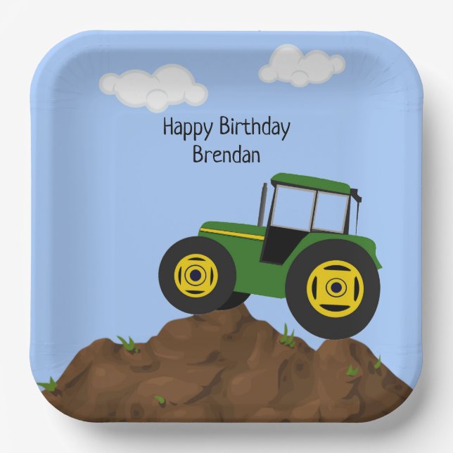 Green Tractor Birthday Personalised Paper Plate (Front)