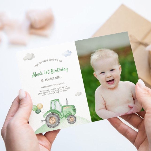 Green Tractor Birthday Photo Invitation  (Creator Uploaded)