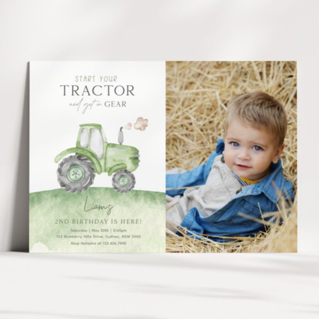 Green Tractor Birthday Photo Invitation (Creator Uploaded)