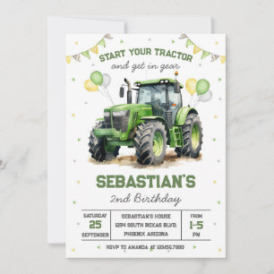 Green Tractor Boy Birthday Invitation