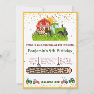 Green Tractor | Boys Themed Birthday Party Invitation