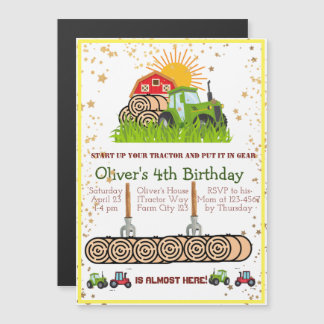 Green Tractor | Boys Themed Birthday Party Magnetic Invitation