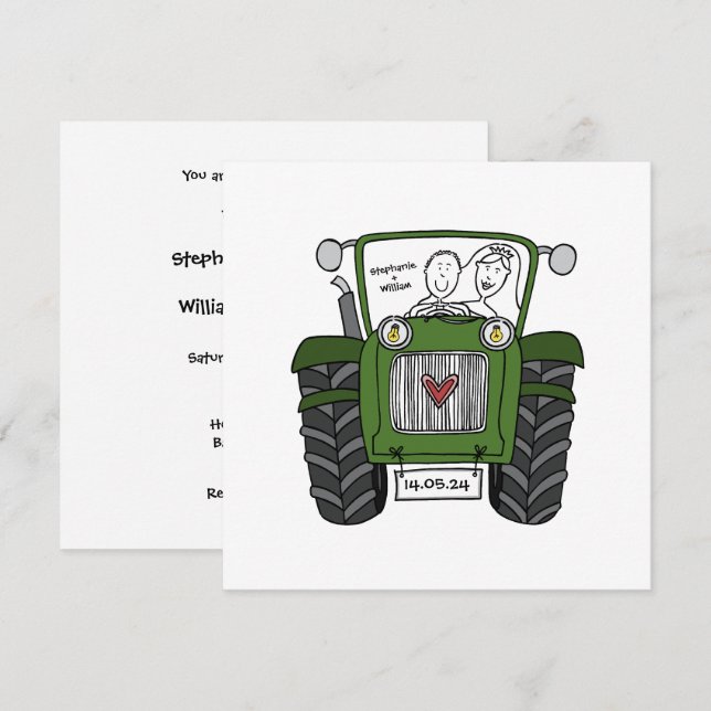 Green Tractor Country Wedding  Invitation (Front/Back)