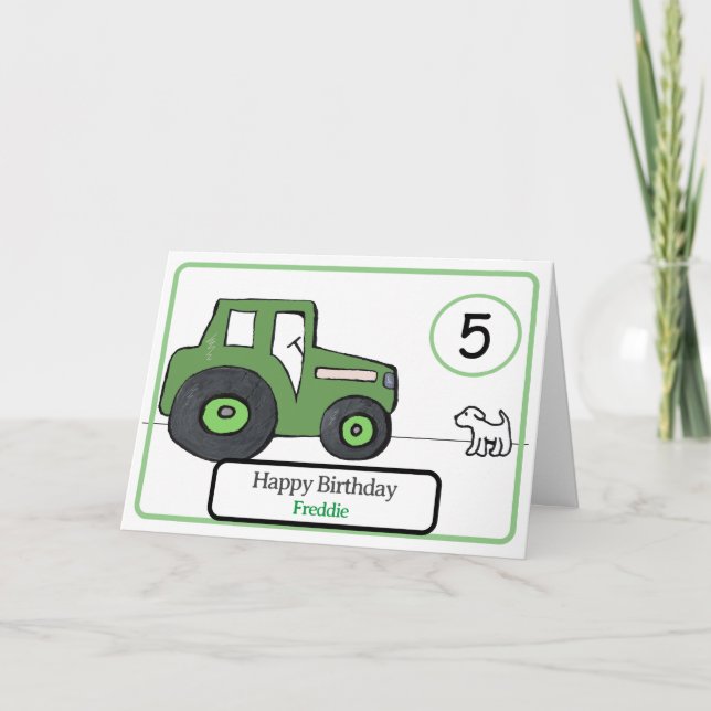 green tractor & dog 5th birthday card (Front)