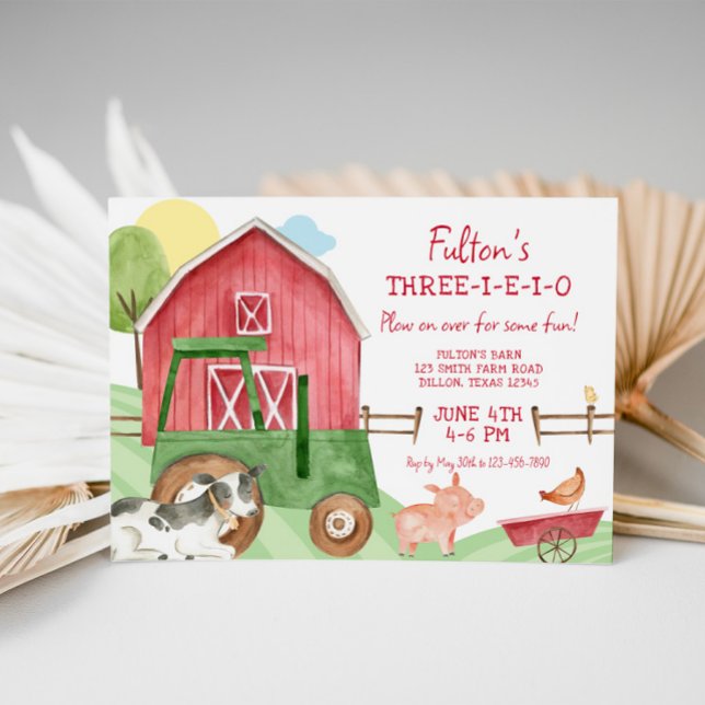 Green Tractor Farm Animals Birthday Invitation (Three-I-E-I-O Birthday Invitation)