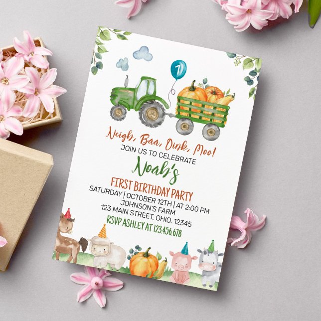Green Tractor Farm Animals Birthday Invitation (Creator Uploaded)