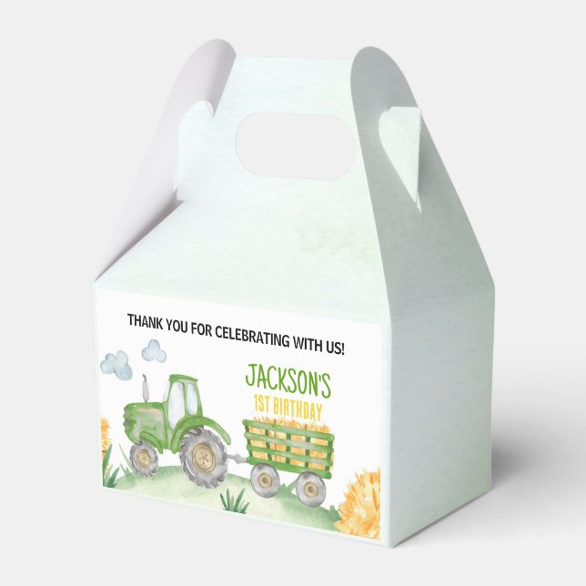 Green Tractor Farm Birthday Party Favour Box (Front Side)