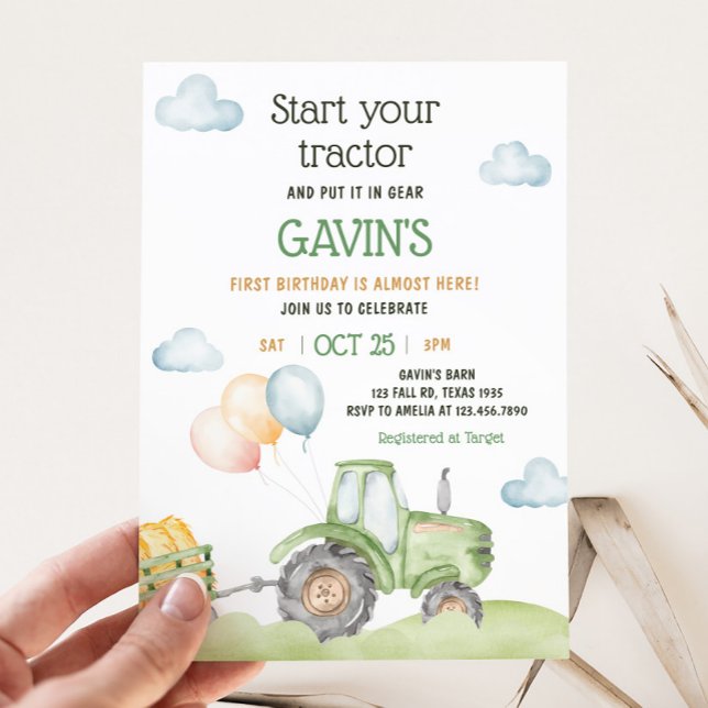 Green Tractor Farm Birthday Party Invitation (Green Tractor Birthday Party Invitation)