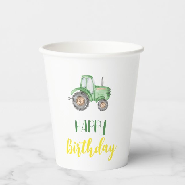 Green Tractor Farm Birthday Party Paper Cups (Front)