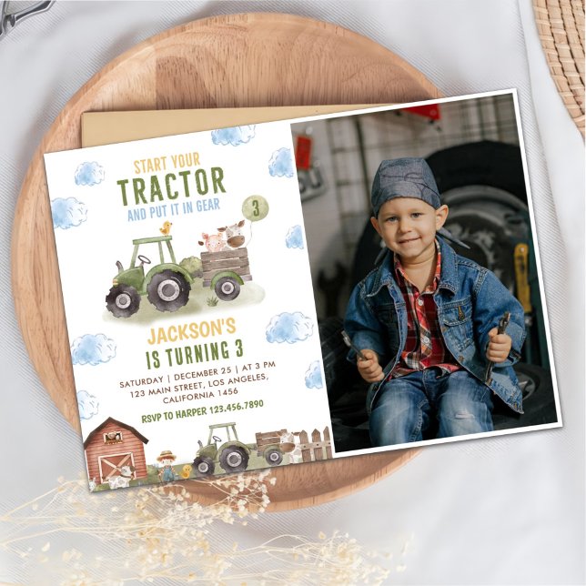 Green Tractor Farm Birthday Party Photo Invitation (Creator Uploaded)