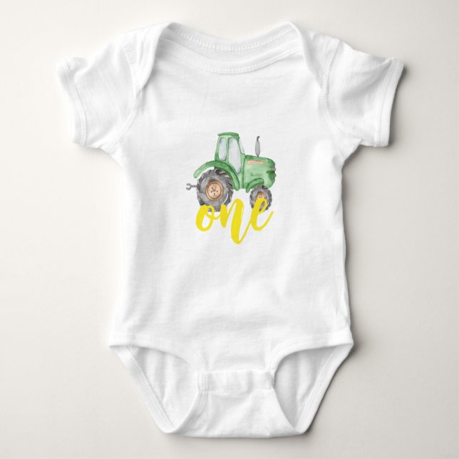 Green Tractor Farm Themed 1st Birthday Baby Bodysuit (Front)