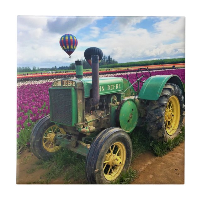 Green Tractor in Tulip Field, Oregon Tile (Front)