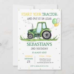 Green Tractor Kids Birthday Invitation
