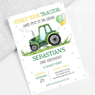 Green Tractor Kids Birthday Invitation