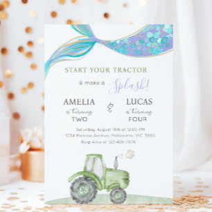 Green Tractor & Mermaid Siblings Joint Birthday Invitation