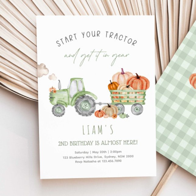 Green Tractor & Pumpkins Birthday Party Invitation (Creator Uploaded)