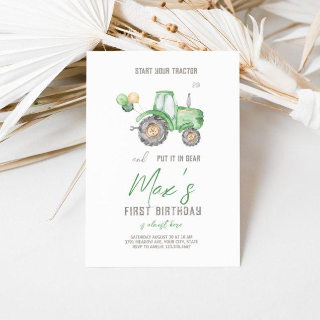 Green Tractor Theme Birthday Invitation (Green Farm Tractor Birthday Invitation. )