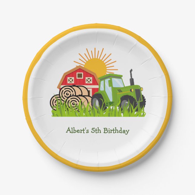 Green Tractor | Themed Birthday Party Paper Plates (Front)